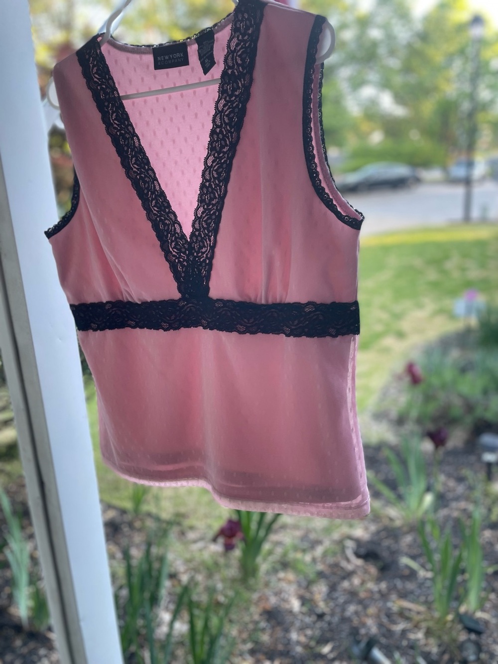 New York & Company Pink Sleep Chemise with Black Lace Trim
